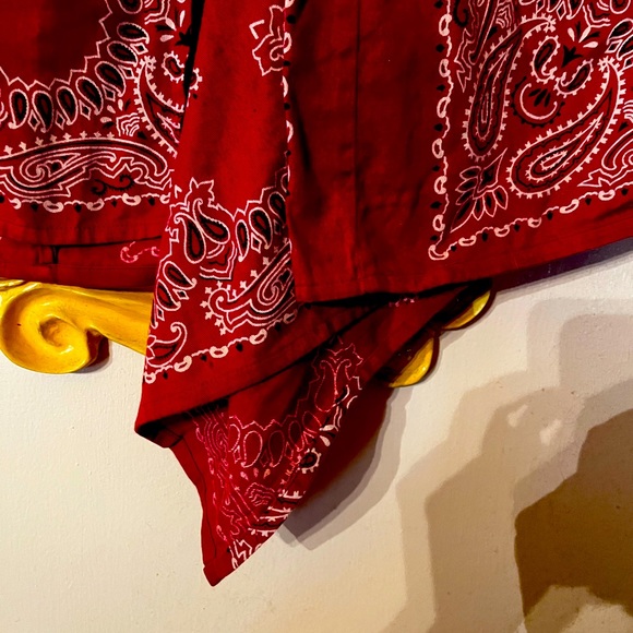 Red bandanna wrap style cover-up or skirt ties in front comes to a draping point - Picture 3 of 7